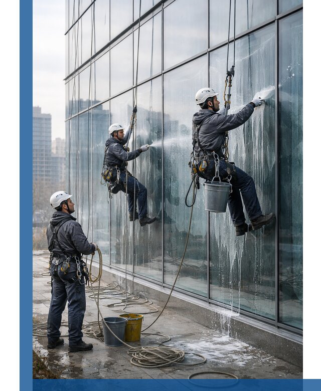 Промышленная мойка панорамных окон на высоте в Нововоронеже