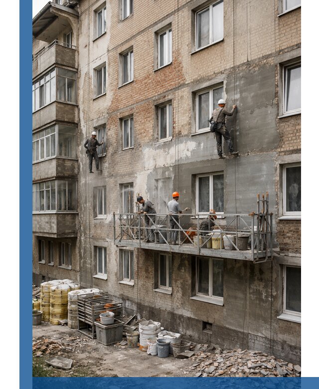 Капитальный ремонт фасада в Нововоронеже с восстановлением и гидроизоляцией