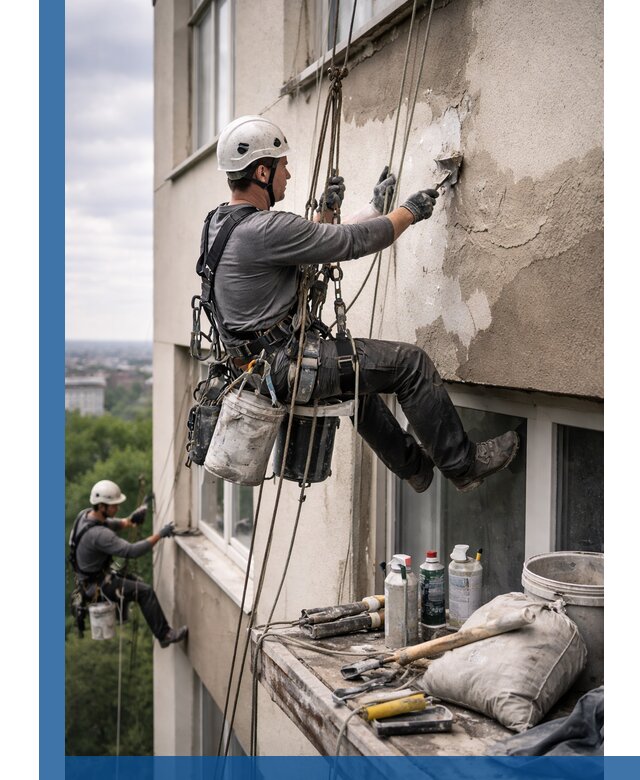 Косметический ремонт фасада зданий в Нововоронеже промышленными альпинистами