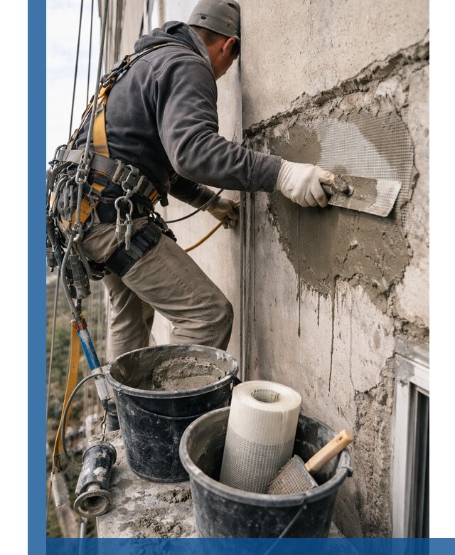 Ремонт бетонных элементов фасада промышленными альпинистами в Нововоронеже