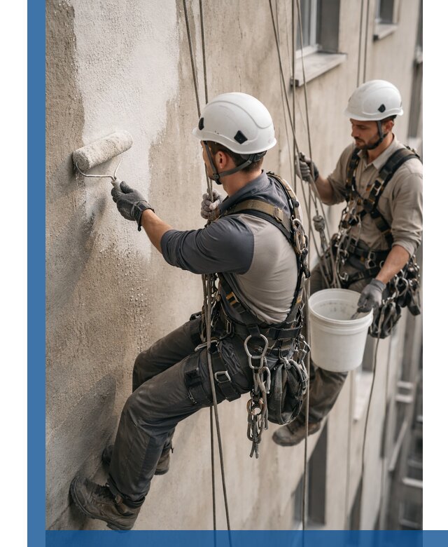 Грунтовка фасада на высоте в Нововоронеже промышленными альпинистами