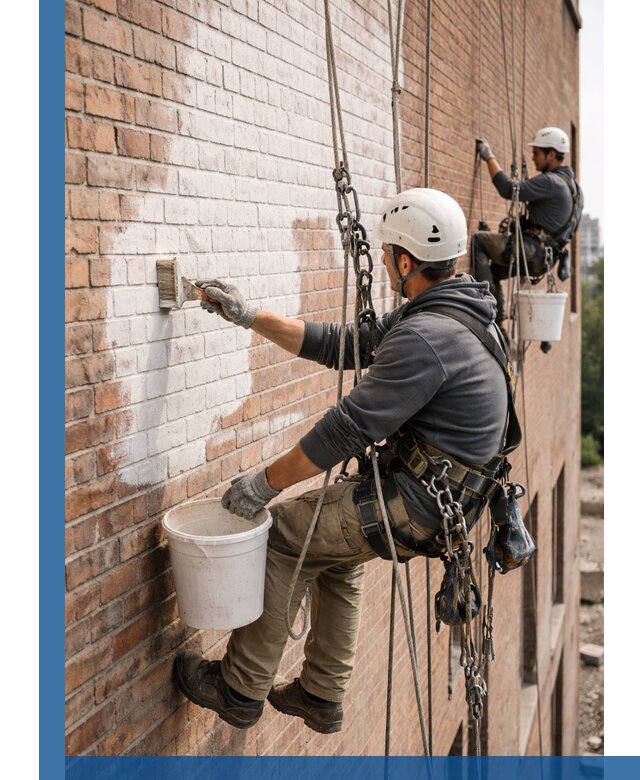 Покраска кирпичного фасада с доступным альпинистским сервисом в Нововоронеже