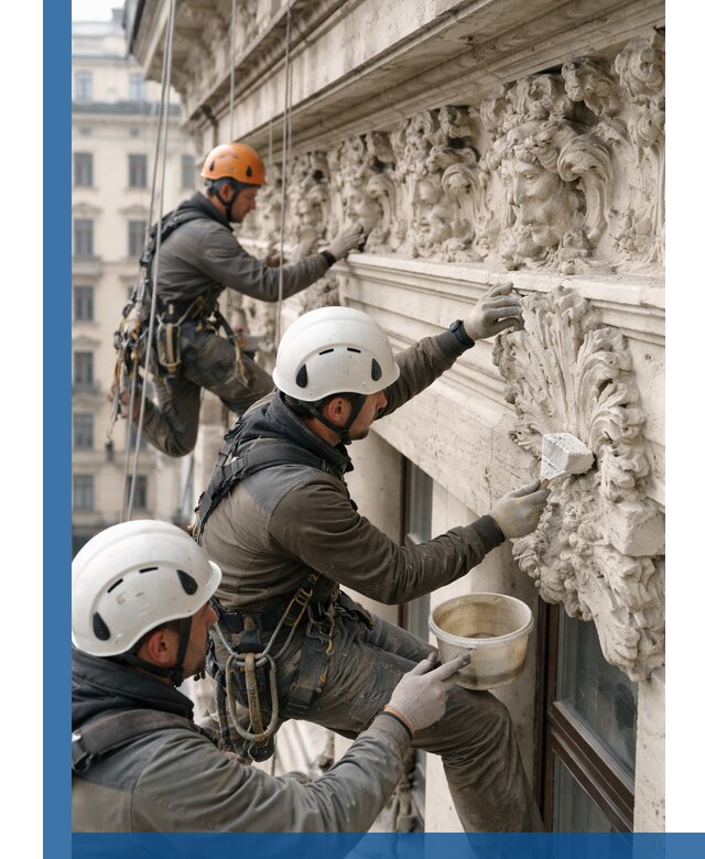 Реставрация фасадной лепнины с высотными работами в Нововоронеже