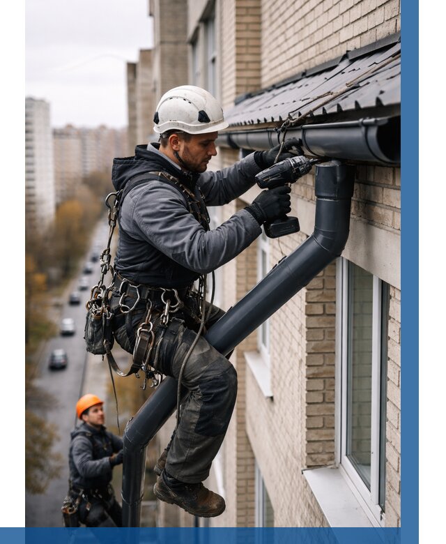 Монтаж водосточной системы на здании в Нововоронеже от 5060 р. | ВЫСОТНИК-Нвв