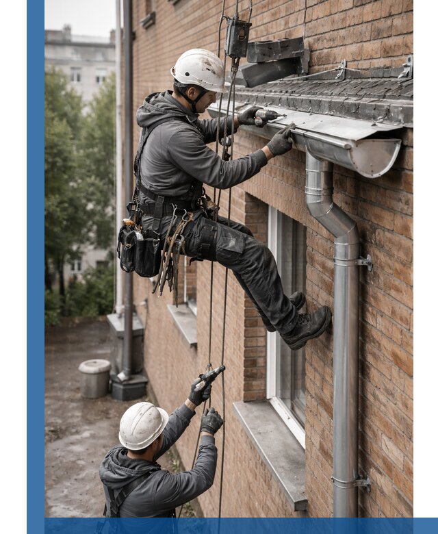 Монтаж водосточной системы на здании в Нововоронеже под ключ