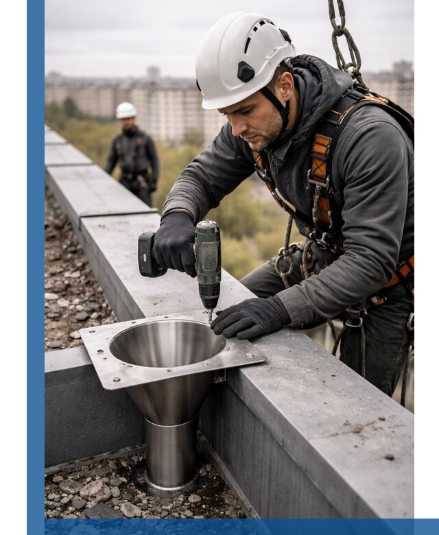 Монтаж водосточных воронок в Нововоронеже для промышленных зданий