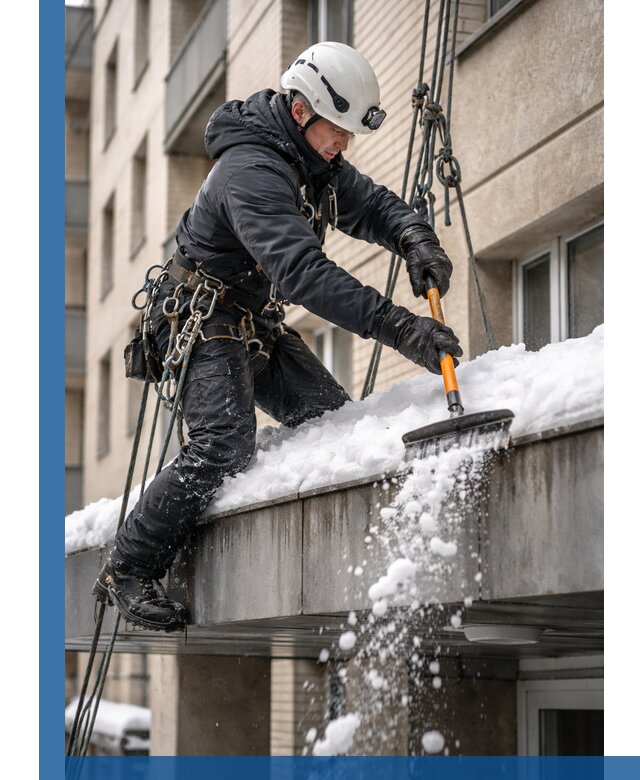 Очистка козырьков от снега в Нововоронеже круглогодично безопасно