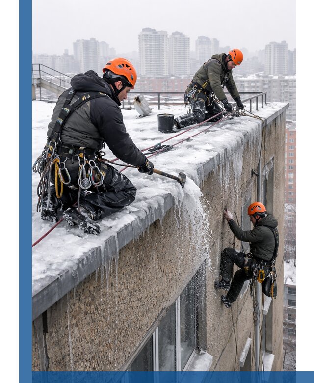 Удаление наледи с кровли в Нововоронеже промышленными альпинистами