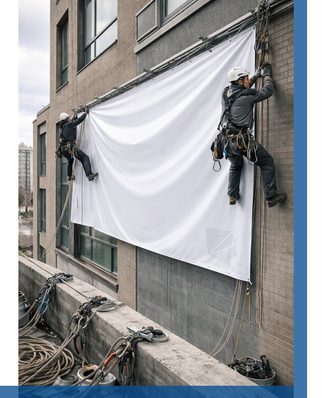 Монтаж баннеров на фасаде в Нововоронеже от 658 р. заказать ВЫСОТНИК-Нвв