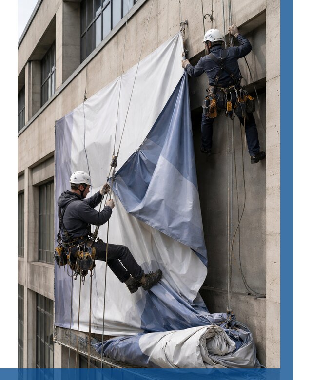 Демонтаж баннеров с фасада в Нововоронеже от 4554 р. | ВЫСОТНИК-Нвв