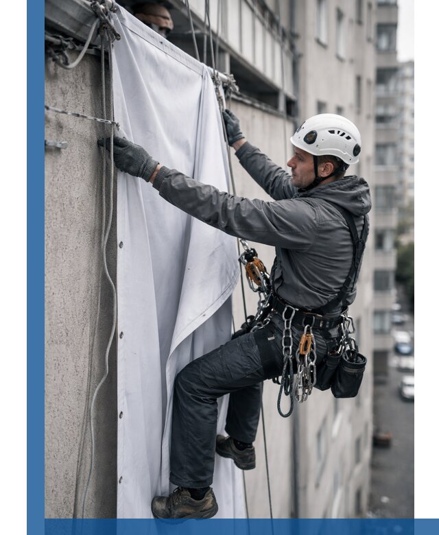 Замена баннерного полотна промышленными альпинистами в Нововоронеже