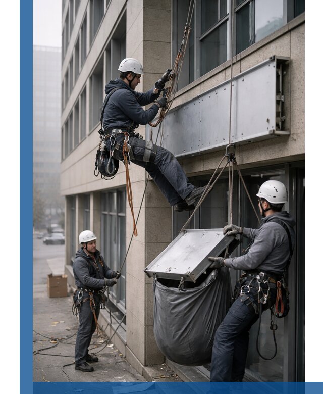 Демонтаж рекламной вывески с высотными работами в Нововоронеже