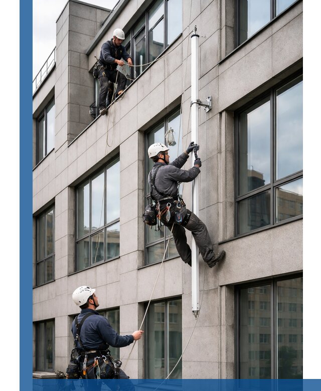 Монтаж флагштока на фасаде здания с креплением и герметикой в Нововоронеже