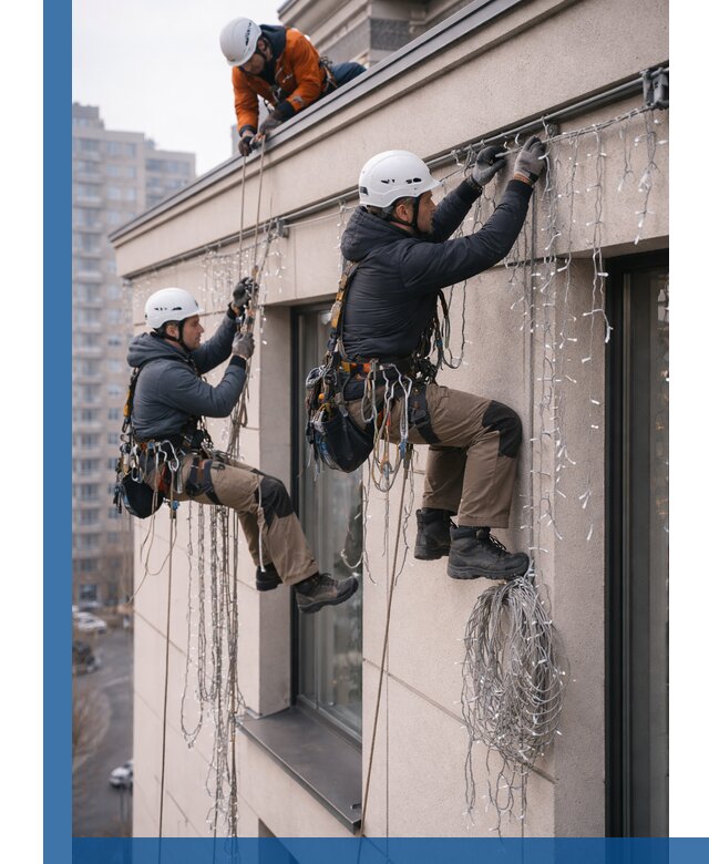 Монтаж праздничных гирлянд на фасаде в Нововоронеже для зданий