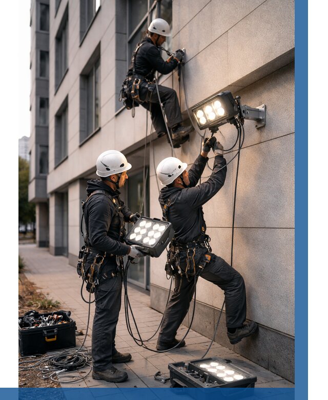 Монтаж прожекторов на фасаде в Нововоронеже от 7590 р. | ВЫСОТНИК-Нвв