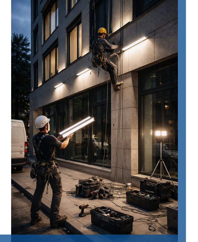 Монтаж архитектурной подсветки здания в Нововоронеже от 2530 р.|ВЫСОТНИК-Нвв