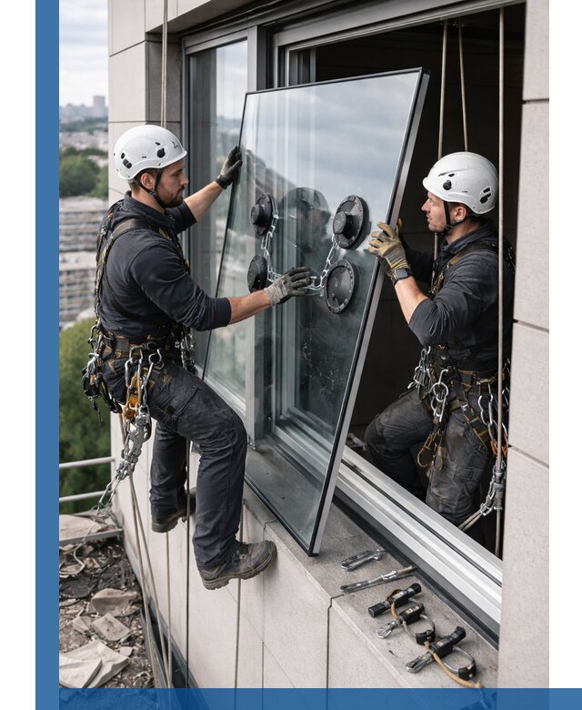 Замена стеклопакетов на высоте с промышленными альпинистами в Нововоронеже