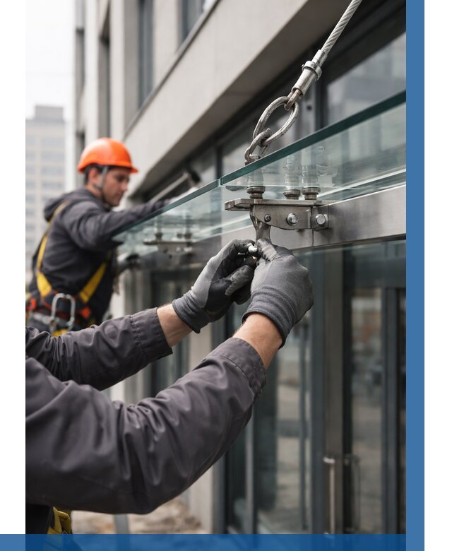 Монтаж стеклянных козырьков в Нововоронеже от 8602 р. | ВЫСОТНИК-Нвв