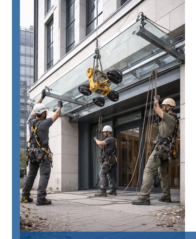 Монтаж стеклянных козырьков под ключ в Нововоронеже для зданий