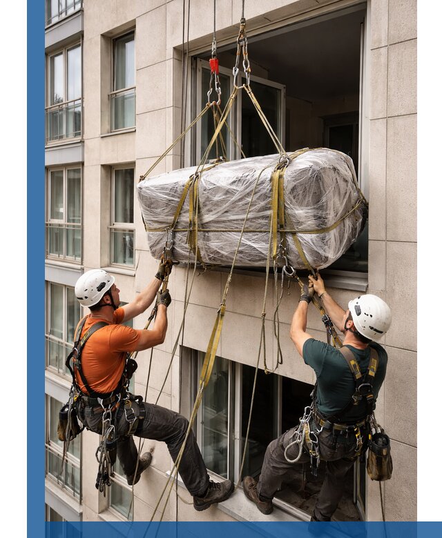 Подъем грузов через окно в Нововоронеже промышленными альпинистами