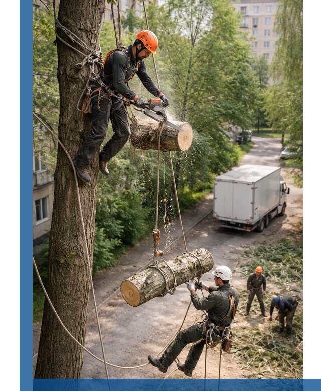 Спил деревьев альпинистами в Нововоронеже, безопасно и без повреждений