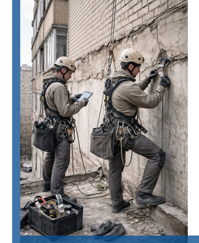 Обследование фасада промышленными альпинистами в Нововоронеже